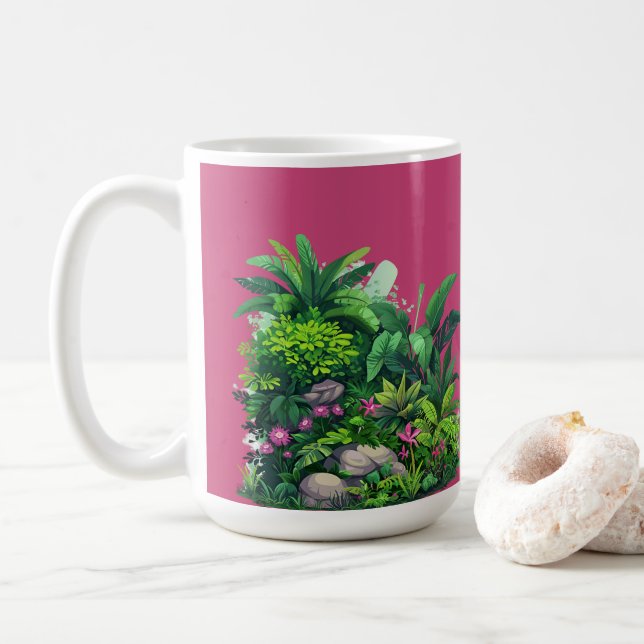 Tropical Floral Pattern on Fuschia Rose Coffee Mug (With Donut)
