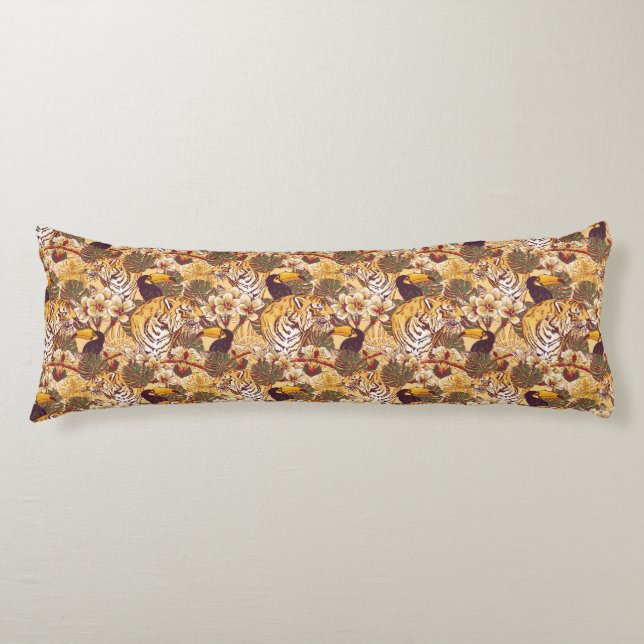 Tropical Floral Pattern With Tiger Body Pillow (Front)