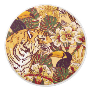 Tropical Floral Pattern With Tiger Ceramic Knob