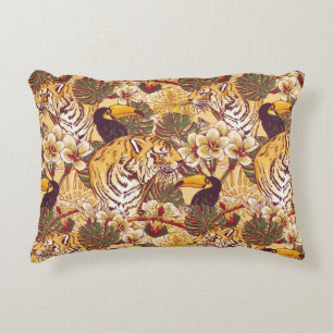 Tropical Floral Pattern With Tiger Decorative Pillow