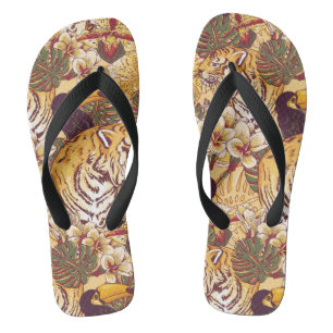 Tropical Floral Pattern With Tiger Flip Flops