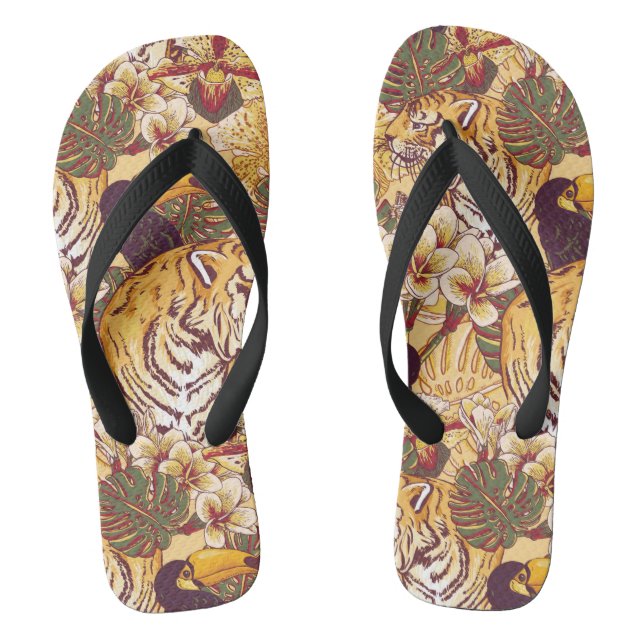 Tropical Floral Pattern With Tiger Flip Flops (Footbed)