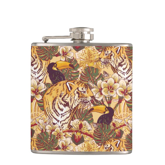Tropical Floral Pattern With Tiger Hip Flask (Front)