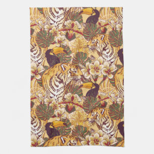 Tropical Floral Pattern With Tiger Kitchen Towel