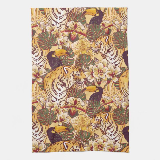 Tropical Floral Pattern With Tiger Kitchen Towel (Vertical)