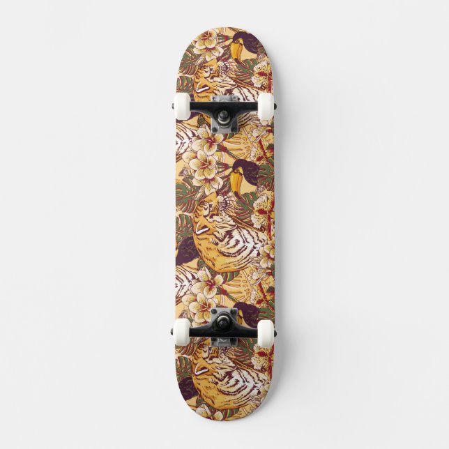 Tropical Floral Pattern With Tiger Skateboard (Front)