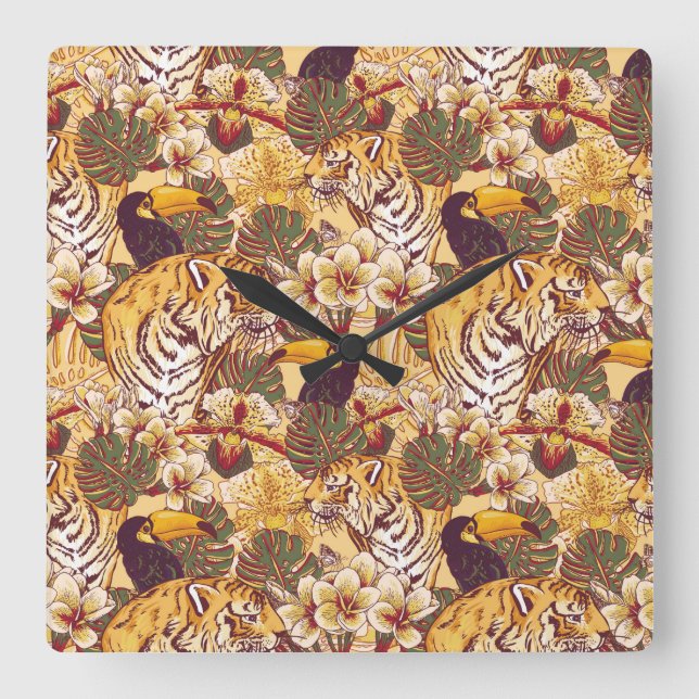 Tropical Floral Pattern With Tiger Square Wall Clock (Front)