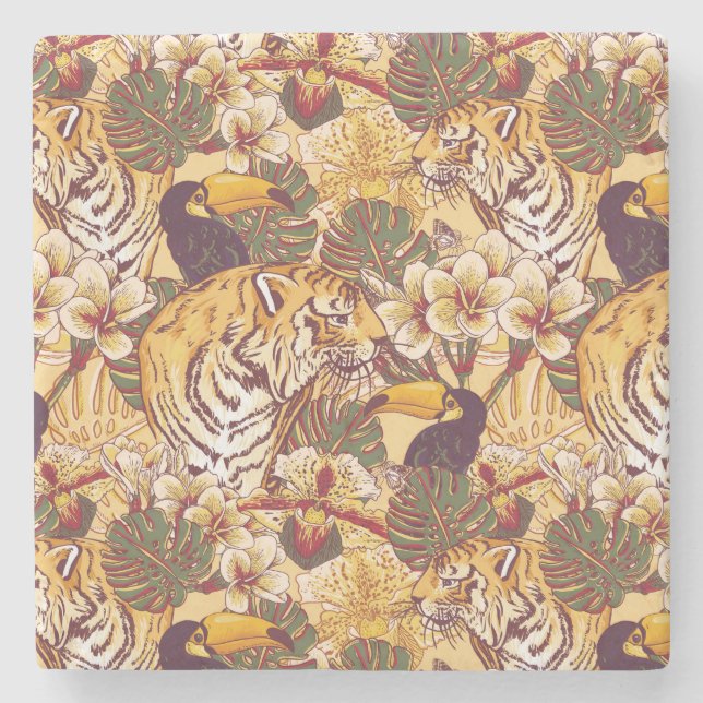 Tropical Floral Pattern With Tiger Stone Coaster (Front)