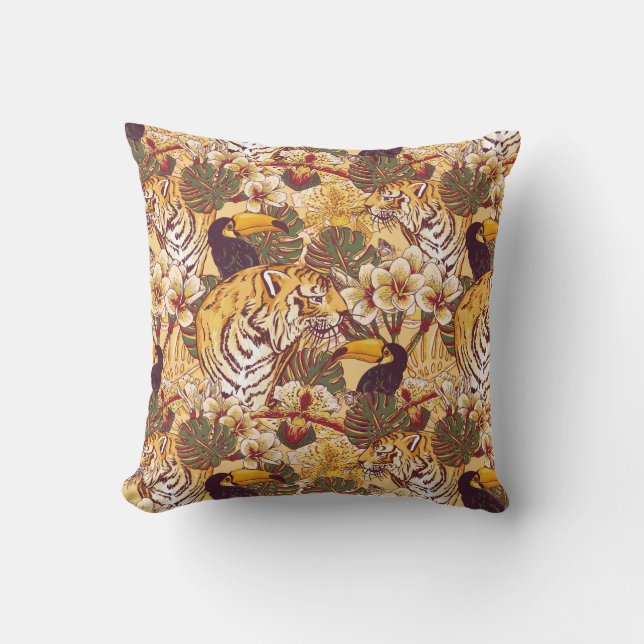Tropical Floral Pattern With Tiger Throw Pillow (Front)