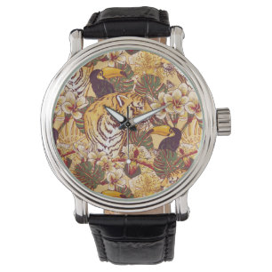 Tropical Floral Pattern With Tiger Watch