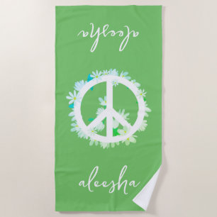 Tropical Floral Peace Sign Personalized Lush Green Beach Towel