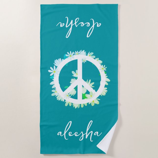 Tropical Floral Peace Sign Personalized Ocean Blue Beach Towel (Front)