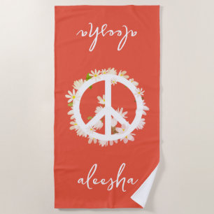 Tropical Floral Peace Sign Personalized Orange Beach Towel