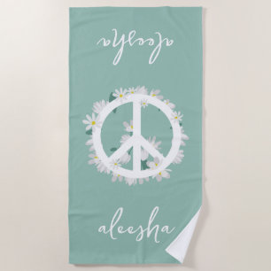 Tropical Floral Peace Sign Personalized Sea Green Beach Towel