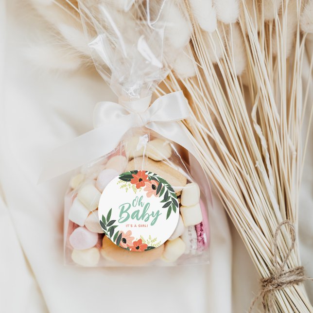 Tropical Floral Personalized Baby Shower Classic Round Sticker (Creator Uploaded)