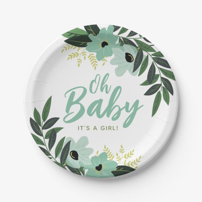 Tropical Floral Personalized Baby Shower Paper Plate (Front)