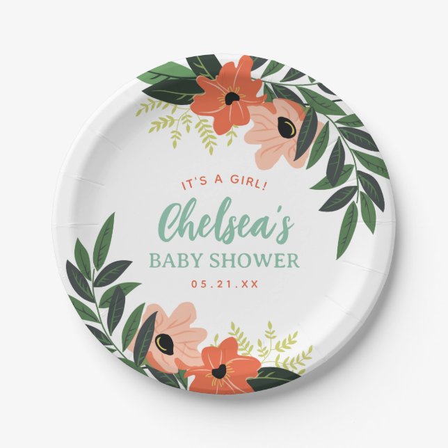 Tropical Floral Personalized Baby Shower Paper Plate (Front)