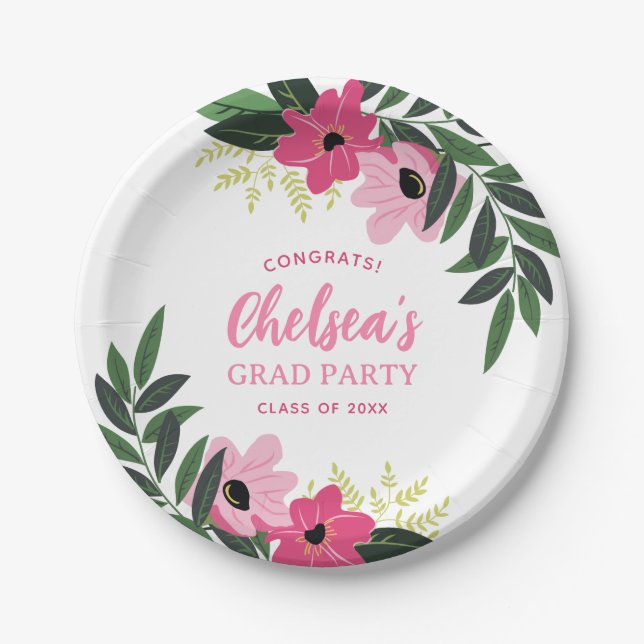 Tropical Floral Personalized Grad Party Paper Plate (Front)