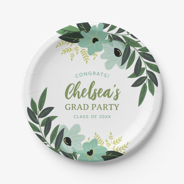 Tropical Floral Personalized Grad Party Paper Plate (Front)