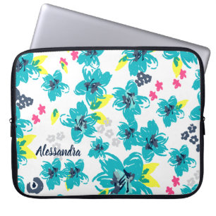 Tropical Floral Personalized Teal & Pink Laptop Sleeve