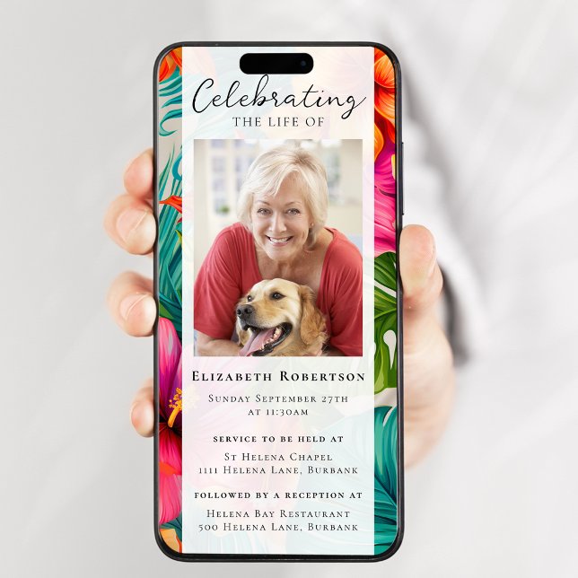 Tropical Floral Photo Funeral Digital Evite Invitation (Creator Uploaded)