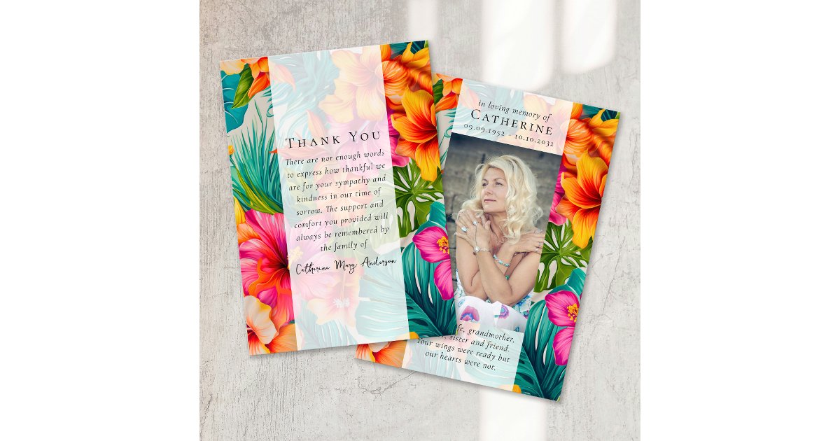 Tropical Floral Photo Sympathy Funeral Memorial Thank You Card | Zazzle
