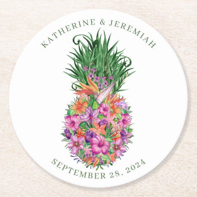 Tropical Floral Pineapple Elegant Wedding Round Paper Coaster (Front)