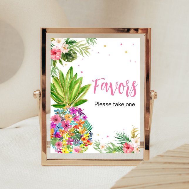 Tropical Floral Pineapple Favours Poster (Aloha Pineapple Baby Shower Favors Sign)