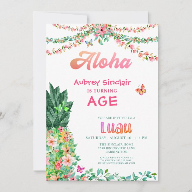Tropical Floral Pineapple Luau ANY AGE Birthday Invitation (Front)