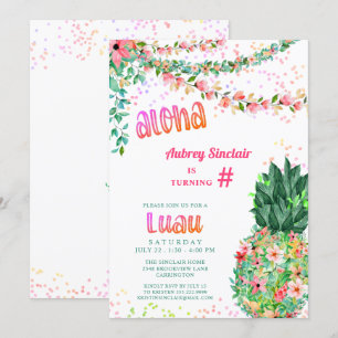 Tropical Floral Pineapple Luau ANY AGE Birthday Invitation