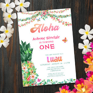 Tropical Floral Pineapple Luau First Birthday Invitation