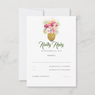 Tropical Floral Pineapple Vase Beach Wedding RSVP Card