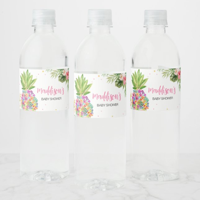 Tropical Floral Pineapple  Water Bottle Label (Bottles)