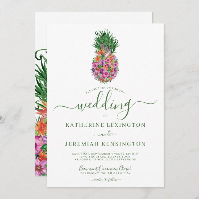 Tropical Floral Pineapple Watercolor Wedding Invitation (Front/Back)