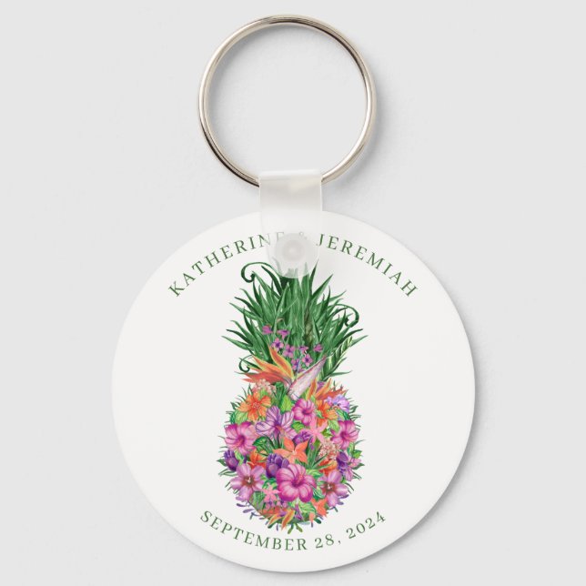 Tropical Floral Pineapple Watercolor Wedding Keychain (Front)