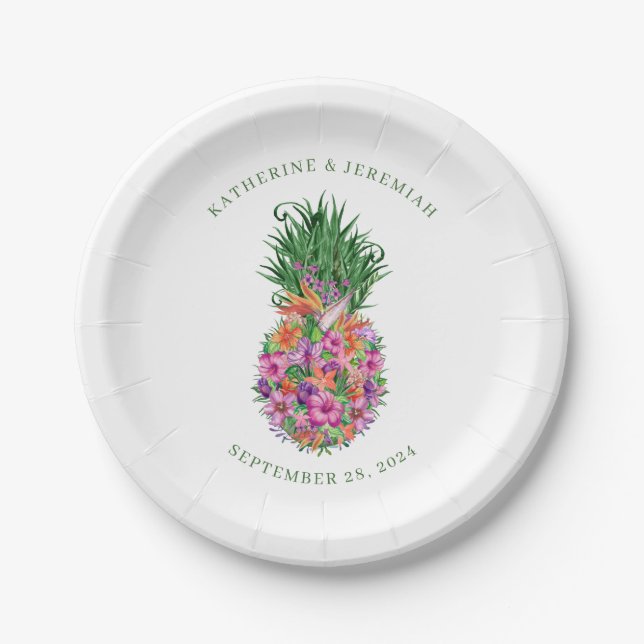 Tropical Floral Pineapple Watercolor Wedding Paper Plate (Front)