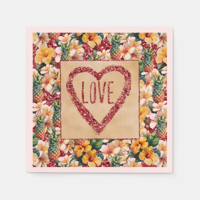 Tropical Floral Pineapples Red Glitter Love Heart Napkin (Front)