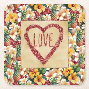 Tropical Floral Pineapples Red Glitter Love Heart Square Paper Coaster