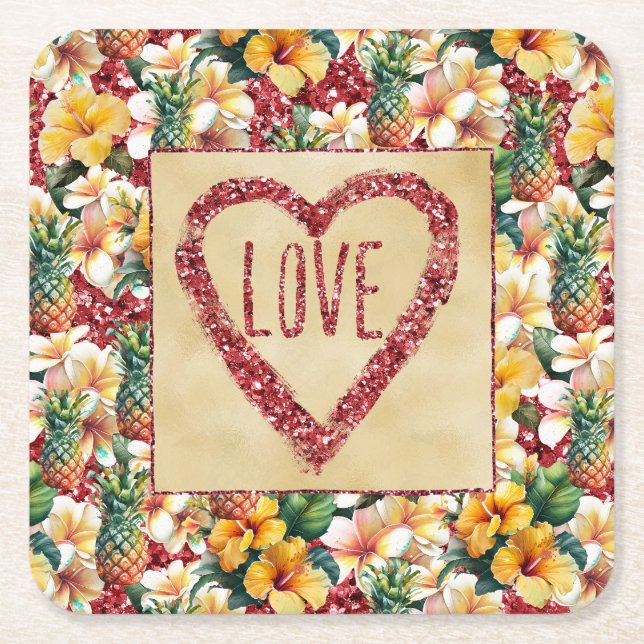 Tropical Floral Pineapples Red Glitter Love Heart Square Paper Coaster (Front)