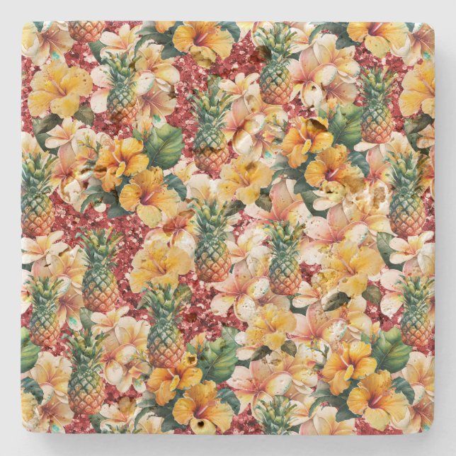Tropical Floral Pineapples Red Glitter Love Heart Stone Coaster (Front)
