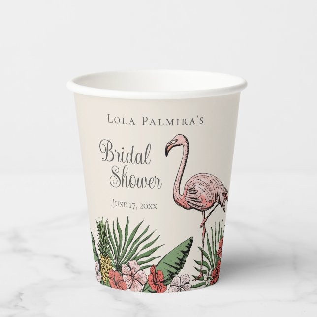 Tropical Floral Pink Flamingo Bridal Shower Paper Cups (Front)