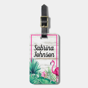 Tropical Floral Pink Flamingo Classic Fancy Script Luggage Tag