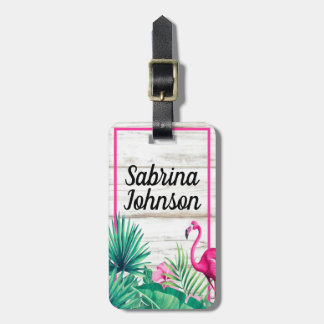 Tropical Floral Pink Flamingo Classic Fancy Script Luggage Tag