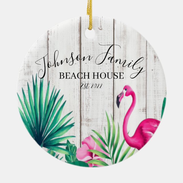 Tropical Floral Pink Flamingo Family Name Beach  Ceramic Ornament (Back)