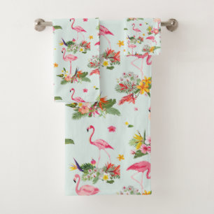 Tropical Floral Pink Flamingos  Bath Towel Set