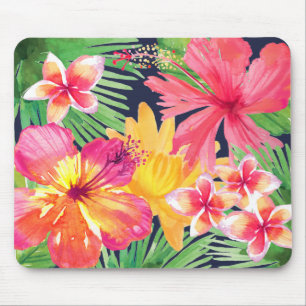 Tropical Floral Pink Hibiscus Plumeria Navy Blue Mouse Pad
