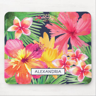Tropical Floral Pink Hibiscus Plumeria Navy Custom Mouse Pad