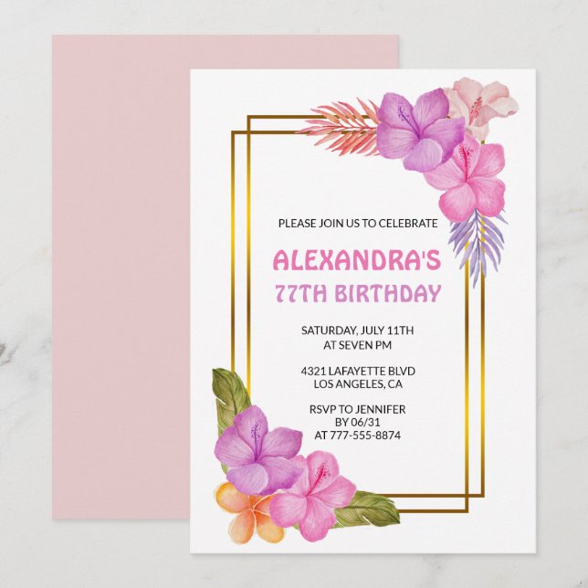 Tropical Floral Pink Luxury 77th birthday Invitati Invitation (Front/Back)