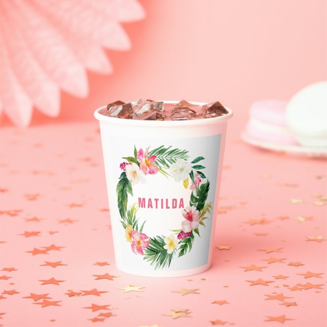 tropical floral pink yellow flamingo stylish  paper cups (Insitu)