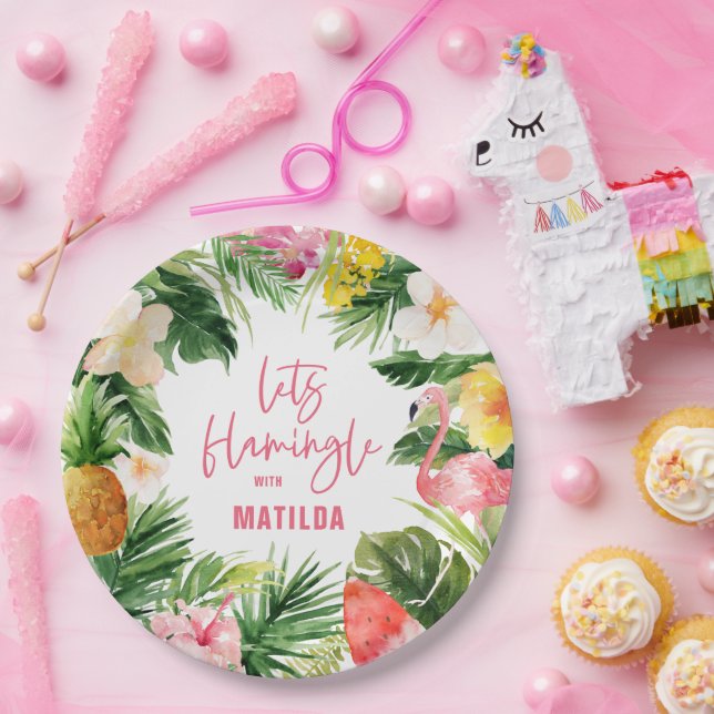 tropical floral pink yellow flamingo stylish paper plate (Party)